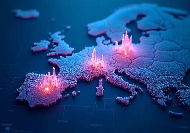 Representación 3D de datos de densidad de población sobre un mapa.